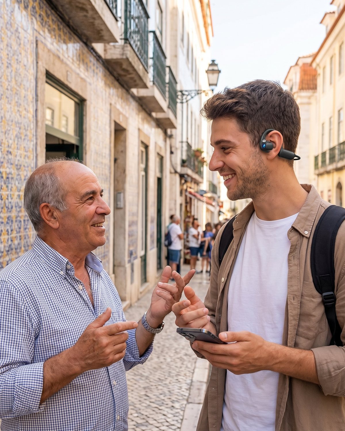 Un voyageur discute avec un commerçant grâce à la traduction du casque Vizéo