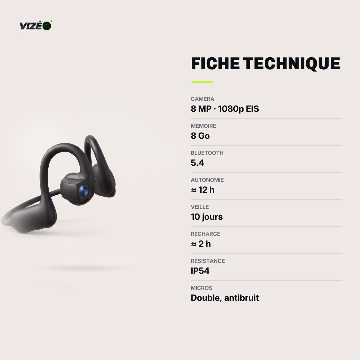 La fiche technique du casque Vizéo
